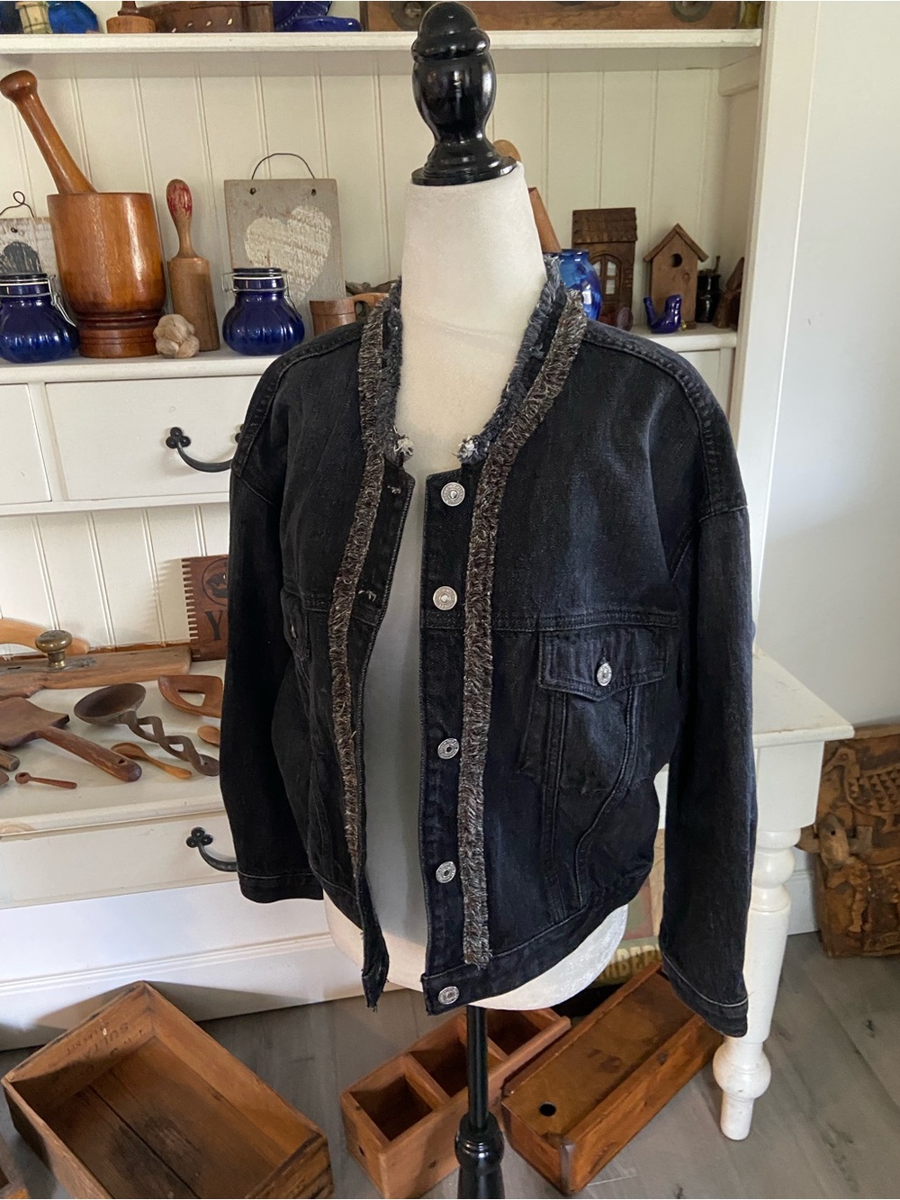 7 For All Mankind Black Denim Jacket with Fuzzy Trim